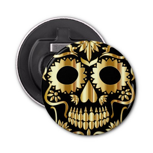 Sugar Skull Art, Dag van de Doden, Zwart en Goud Button Flesopener (Voorkant)