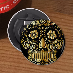 Sugar Skull Art, Dag van de Doden, Zwart en Goud Button Flesopener