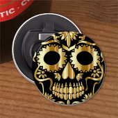 Sugar Skull Art, Dag van de Doden, Zwart en Goud Button Flesopener