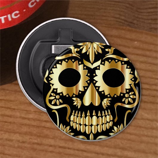 Sugar Skull Art, Dag van de Doden, Zwart en Goud Button Flesopener