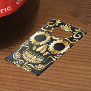 Sugar Skull Art, Dag van de Doden, Zwart en Goud Creditkaart Flessenopener