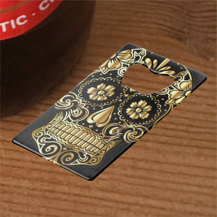 Sugar Skull Art, Dag van de Doden, Zwart en Goud Creditkaart Flessenopener