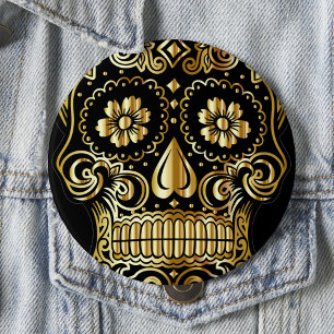 Sugar Skull Art, Dag van de Doden, Zwart en Goud Ronde Button 4,0 Cm