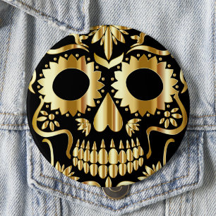 Sugar Skull Art, Dag van de Doden, Zwart en Goud Ronde Button 4,0 Cm