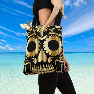 Sugar Skull Art, Dag van de Doden, Zwart en Goud Tote Bag