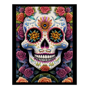 Sugar Skull Art - Dia de los Muertos Floral Skull Perfect Poster