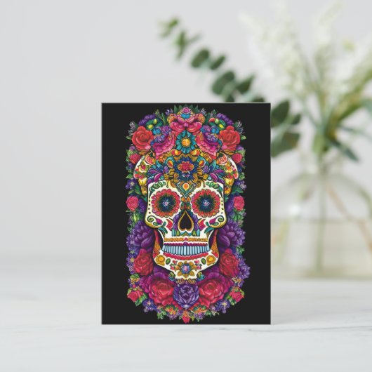 Sugar Skull Art - een kleurrijk eerbetoon Briefkaart (Staand voorkant)