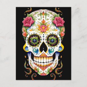 Sugar Skull Art - Feestelijk met Roze Rozen Briefkaart