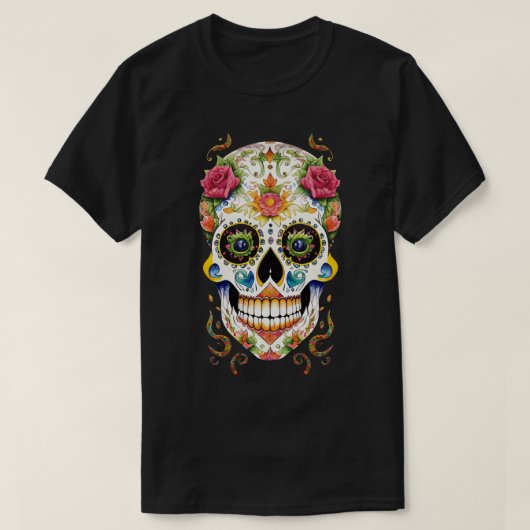 Sugar Skull Art - Feestelijk met Roze Rozen T-shirt (Design voorkant)