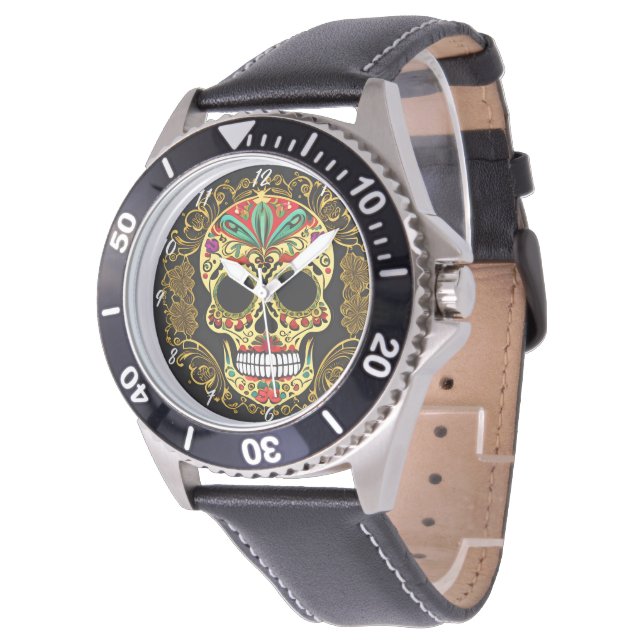 Sugar Skull Art - Fiesta van kleuren Horloge (Gekanteld)