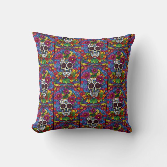 Sugar Skull Art - Floral Fiesta Kussen (Voorkant)