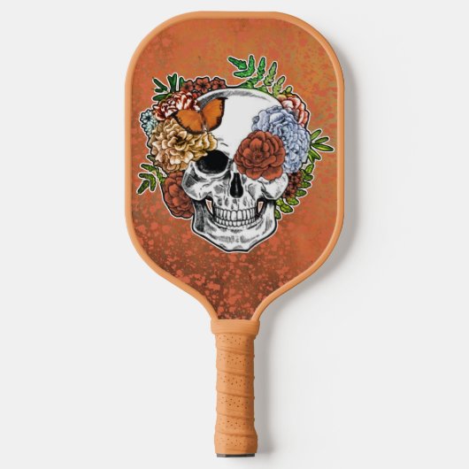 Sugar Skull Art Flowers Vlinder Sinaasappel Grunge Pickleball Paddle (Voorkant)