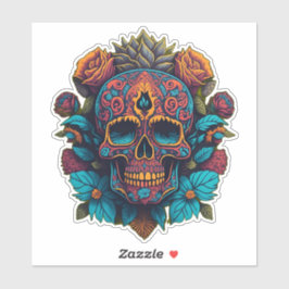 Sugar Skull Art - in rood, blauw en goud Sticker