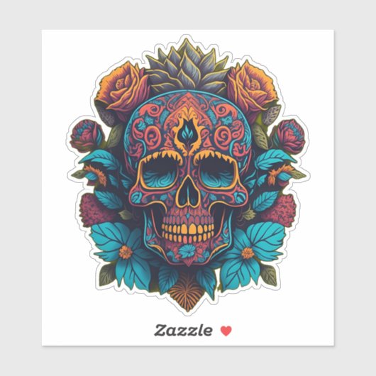 Sugar Skull Art - in rood, blauw en goud Sticker (Vel)