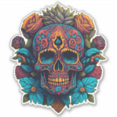 Sugar Skull Art - in rood, blauw en goud Sticker (Voorkant)