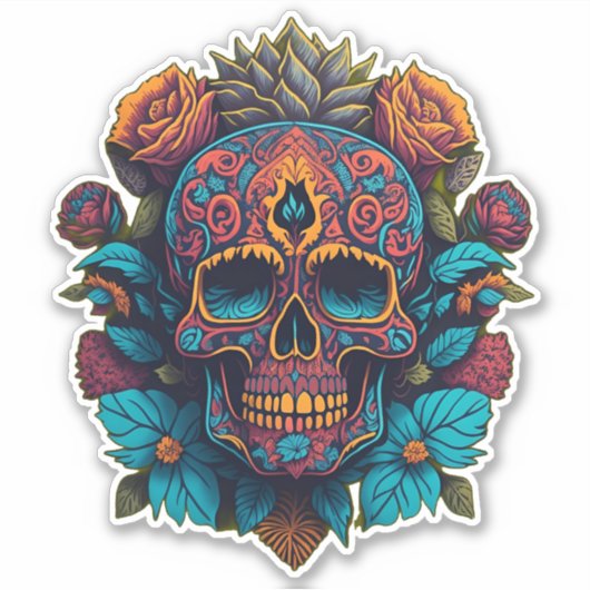 Sugar Skull Art - in rood, blauw en goud Sticker (Voorkant)