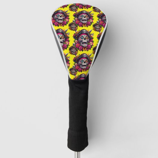 Sugar Skull Art - Jolly Pirate Skull (Geel) Golfheadcover (Voorkant)
