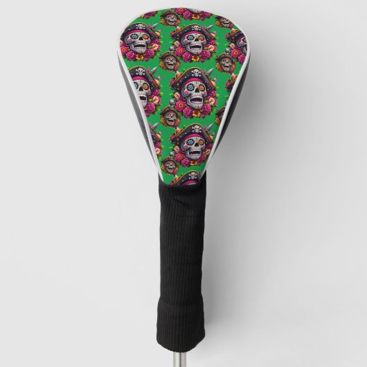 Sugar Skull Art - Jolly Pirate Skull (Groen) Golfheadcover (Voorkant)