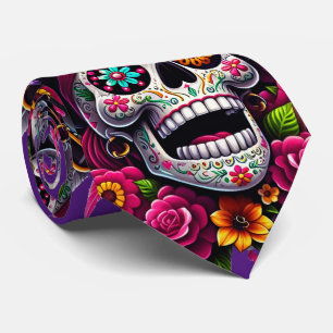 Sugar Skull Art - Jolly Pirate Skull (Paarse) Stropdas