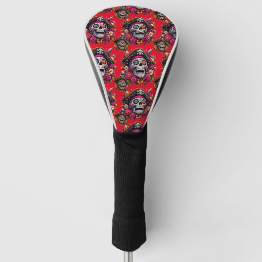 Sugar Skull Art - Jolly Pirate Skull (Rood) Golfheadcover (Voorkant)