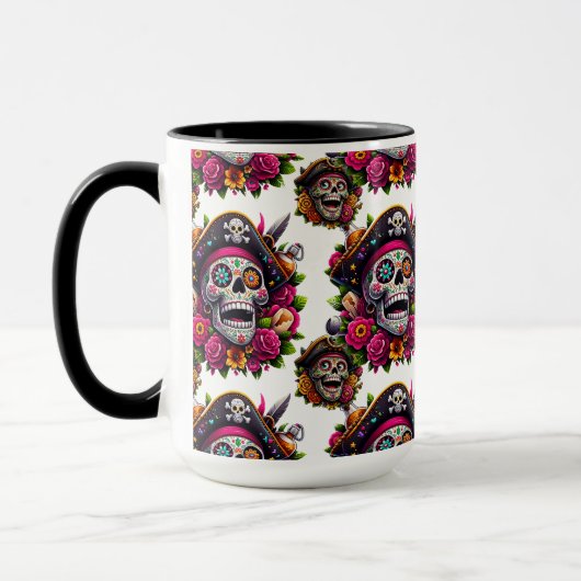 Sugar Skull Art - Jolly Pirate Skull (wit) Mok (Links)