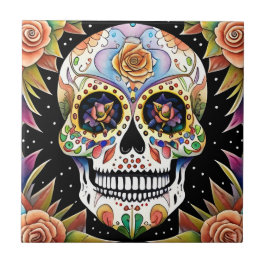 Sugar Skull Art - Kleurrijk Mexicaans Fiesta Desig Tegeltje