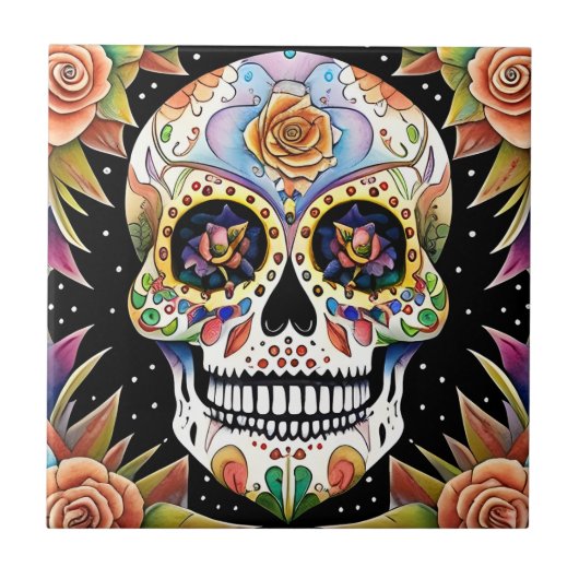 Sugar Skull Art - Kleurrijk Mexicaans Fiesta Desig Tegeltje (Voorkant)