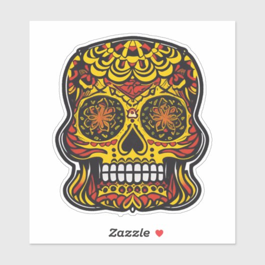 Sugar Skull Art - Kleurrijk Rood met Geel Sticker (Vel)