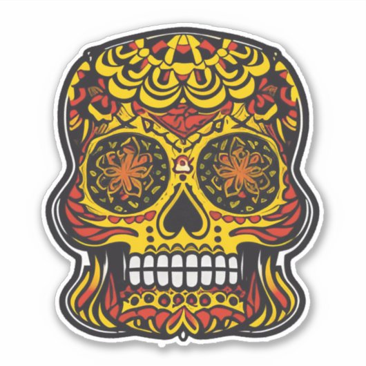 Sugar Skull Art - Kleurrijk Rood met Geel Sticker (Voorkant)