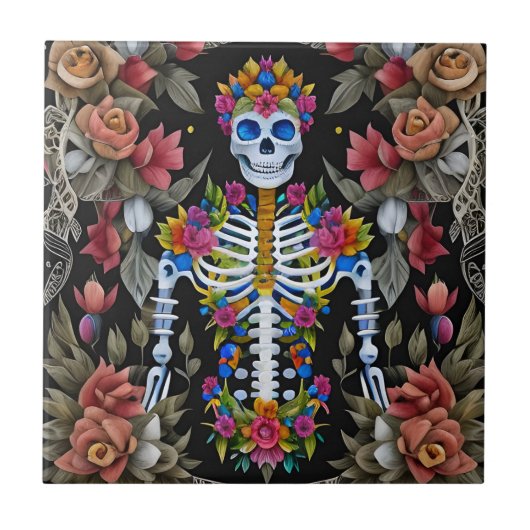 Sugar Skull Art - Kleurrijk Skelet Tegeltje (Voorkant)