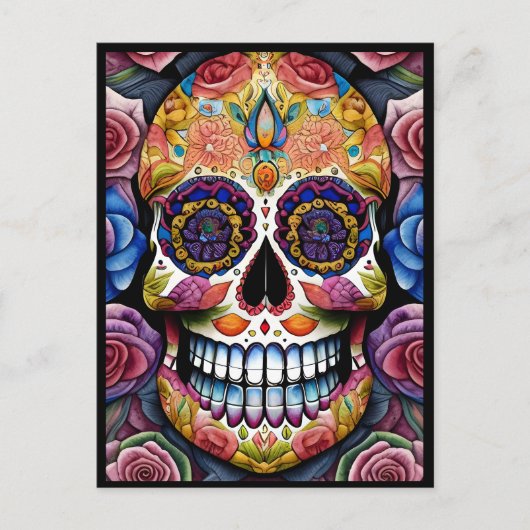 Sugar Skull Art - Kleurrijke Dag van de Dode Sched Briefkaart (Voorkant)