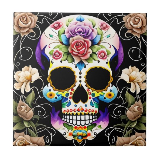 Sugar Skull Art - Kleurrijke herinnering Tegeltje (Voorkant)