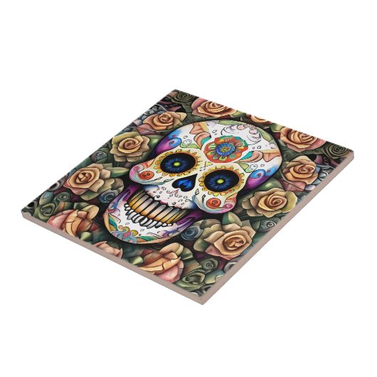 Sugar Skull Art - Kleurrijke Mexicaanse viering Tegeltje (Zijkant)
