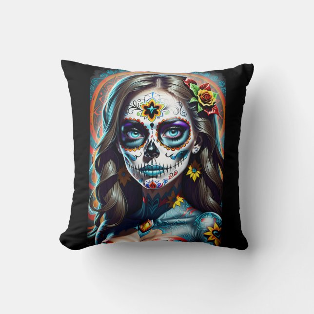 Sugar Skull Art - Levendig en vet Kussen (Voorkant)