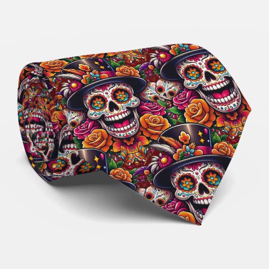 Sugar Skull Art - Marigold Sugar Skull Stropdas (Opgerold)
