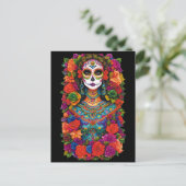 Sugar Skull Art - Mooie vrouw in bloemen Briefkaart (Staand voorkant)