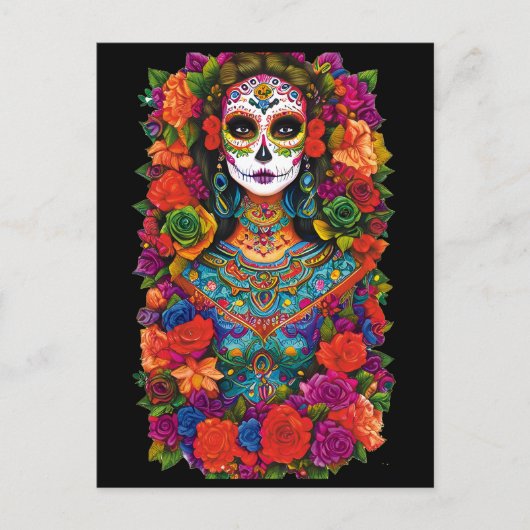 Sugar Skull Art - Mooie vrouw in bloemen Briefkaart (Voorkant)