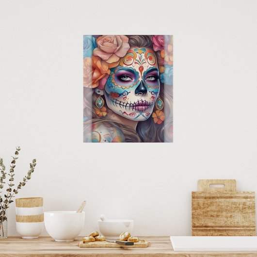 Sugar Skull Art - Mooie vrouw in schedel make-up Poster (Keuken)