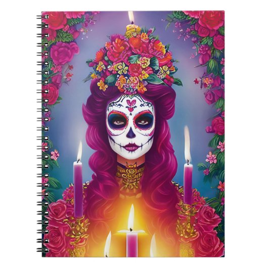 Sugar Skull Art - Mooie Vrouw op Altaar Notitieboek (Voorkant)