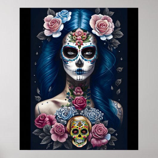 Sugar Skull Art - Opvallende vrouw in schedel make Poster (Voorkant)