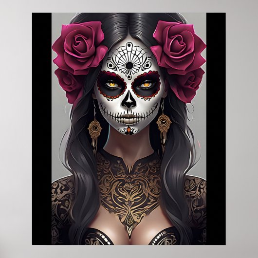 Sugar Skull Art - Rozen en feestvreugde Poster (Voorkant)