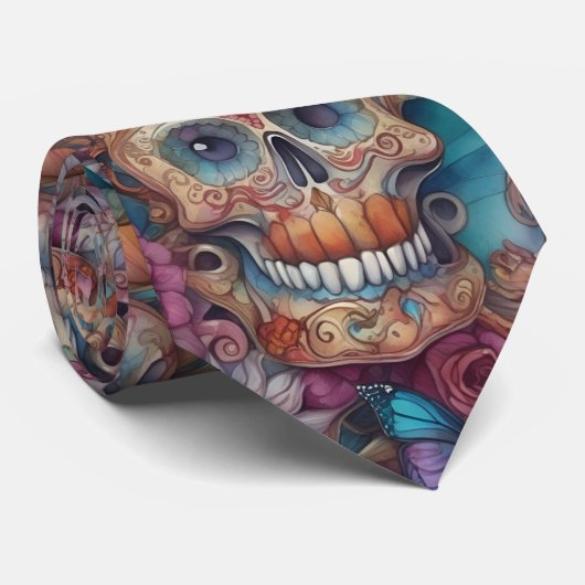 Sugar Skull Art - Schedels en Vlinders Stropdas (Opgerold)