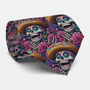 Sugar Skull Art - Skelet Sombrero Rozen Calavera Stropdas
