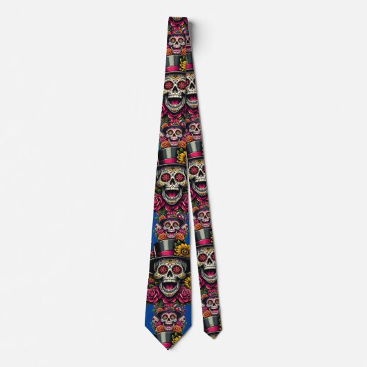 Sugar Skull Art -Top Hat Floral Fiesta (Blauw) Stropdas (Voorkant)