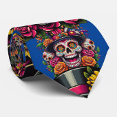 Sugar Skull Art -Top Hat Floral Fiesta (Blauw) Stropdas (Opgerold)