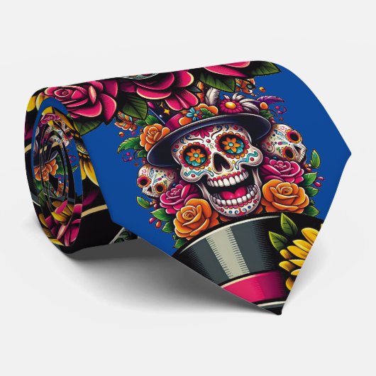 Sugar Skull Art -Top Hat Floral Fiesta (Blauw) Stropdas (Opgerold)