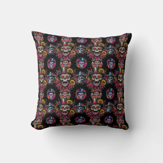 Sugar Skull Art -Top Hat Floral Fiesta Kussen (Voorkant)