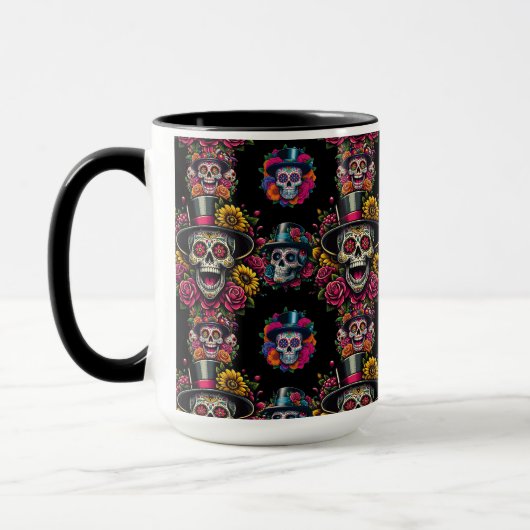 Sugar Skull Art -Top Hat Floral Fiesta Mok (Links)