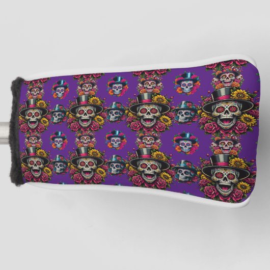 Sugar Skull Art -Top Hat Floral Fiesta (Paarse) Golfheadcover (Voorkant)