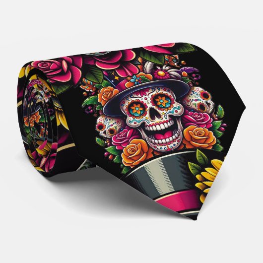 Sugar Skull Art -Top Hat Floral Fiesta Stropdas (Opgerold)